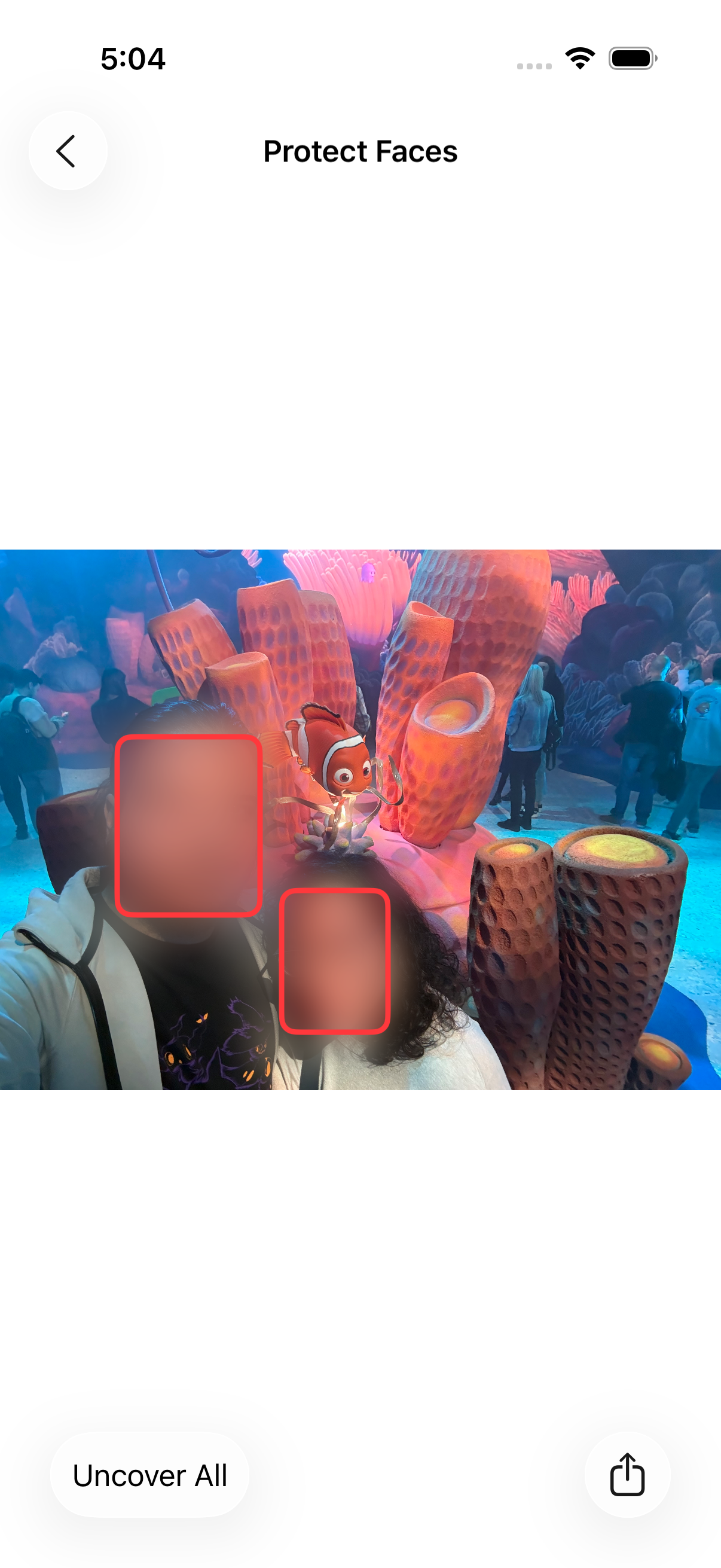 HiddenFace App showing face detection and blur options